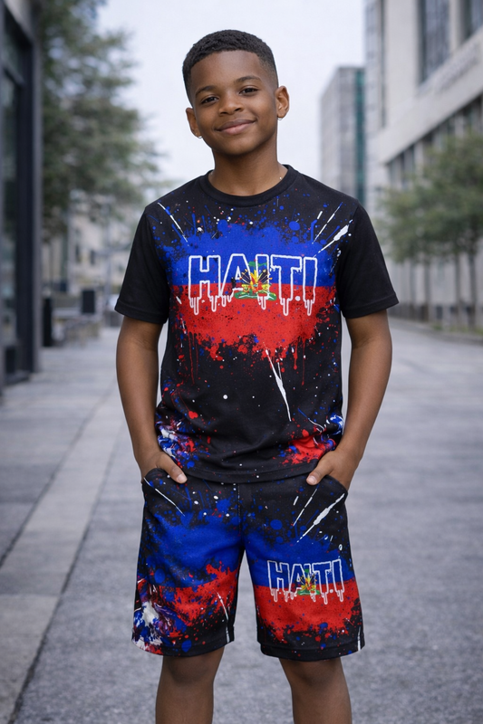 Ensemble Deux Pièces Haïti avec Armoiries Effet Galaxie T-shirt et Short pour Enfants