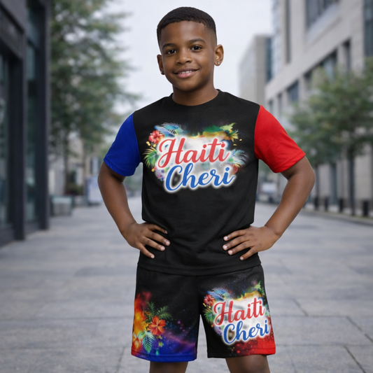 Ensemble Deux Pièces Haïti Cheri avec Fleurs Tropicales T-shirt et Short pour Enfants
