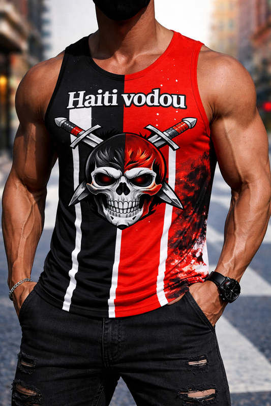 Débardeur Haïti Vodou Crâne & Épées – Noir & Rouge (Homme)