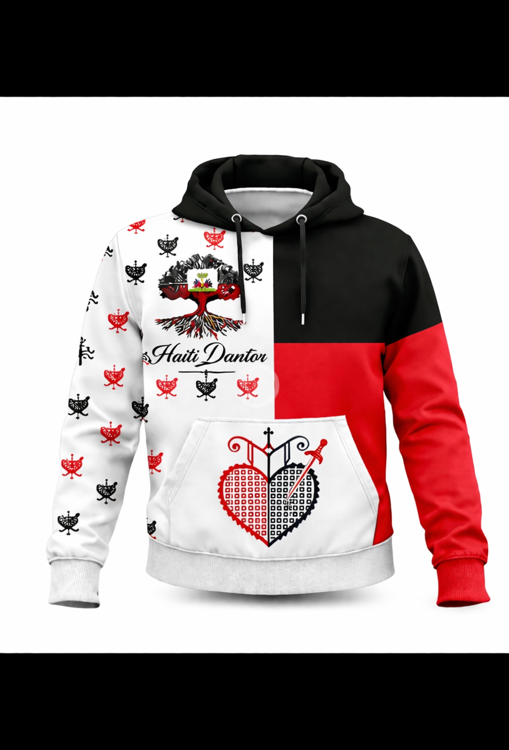 Hoodie Haïti Dantor Cœur Sacré All-Over – Blanc, Noir & Rouge