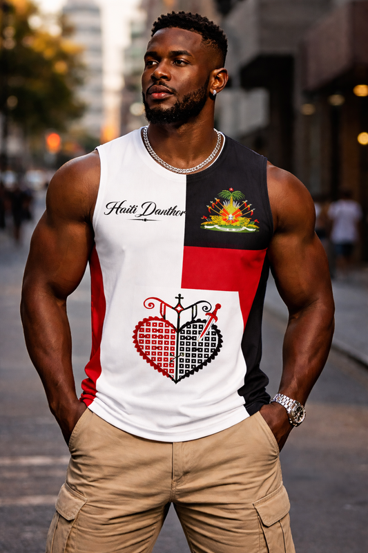 Débardeur Haïti Dantor Cœur Sacré & Armoiries – Blanc, Noir & Rouge