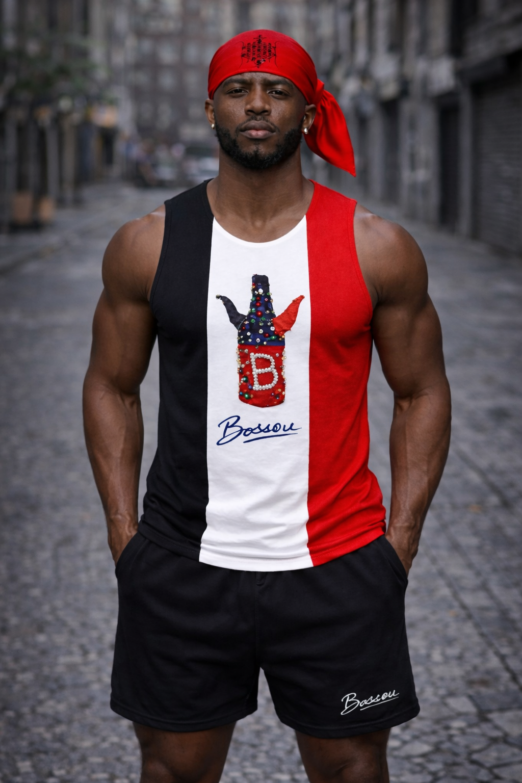 Ensemble Bossou Débardeur & Short – Noir, Blanc & Rouge