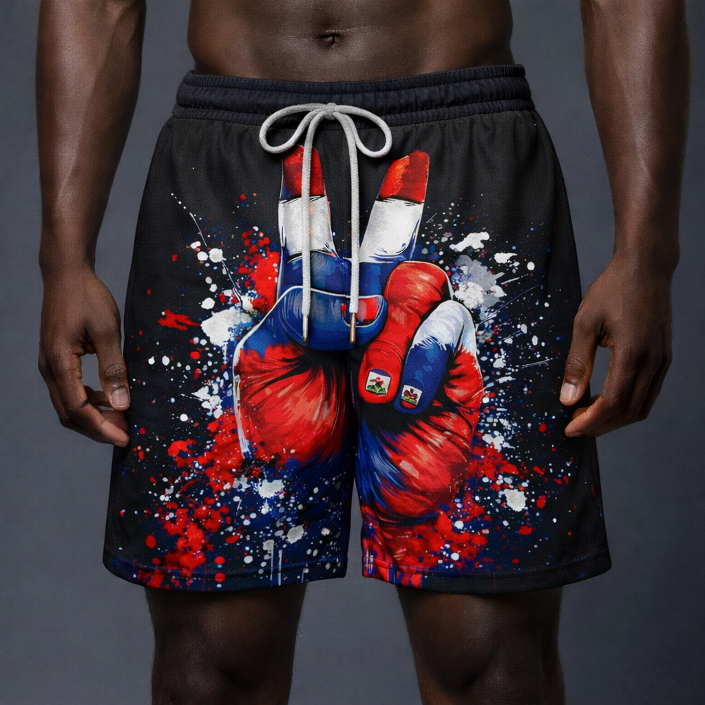 Short de Boxe Haiti Noir - Gants Tricolores Éclaboussure
