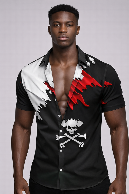 Chemise Tête de Mort Pirate Noir Rouge et Blanc