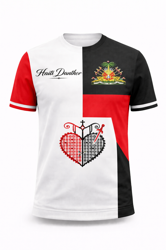 T-Shirt Haïti Danthor Cœur Sacré & Armoiries – Blanc, Noir & Rouge