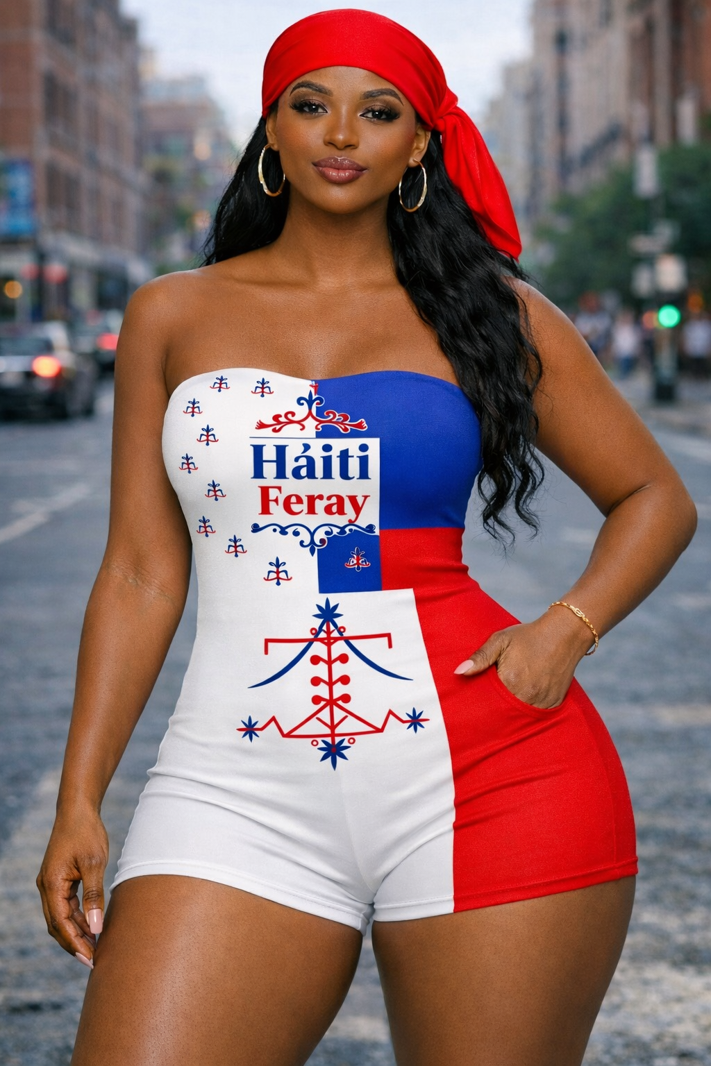 Romper Femme Haïti Feray - Vèvè Vodou Bustier Tricolore Blanc Bleu Rouge