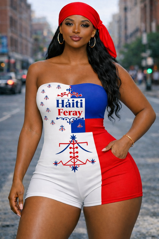 Romper Femme Haïti Feray - Vèvè Vodou Bustier Tricolore Blanc Bleu Rouge
