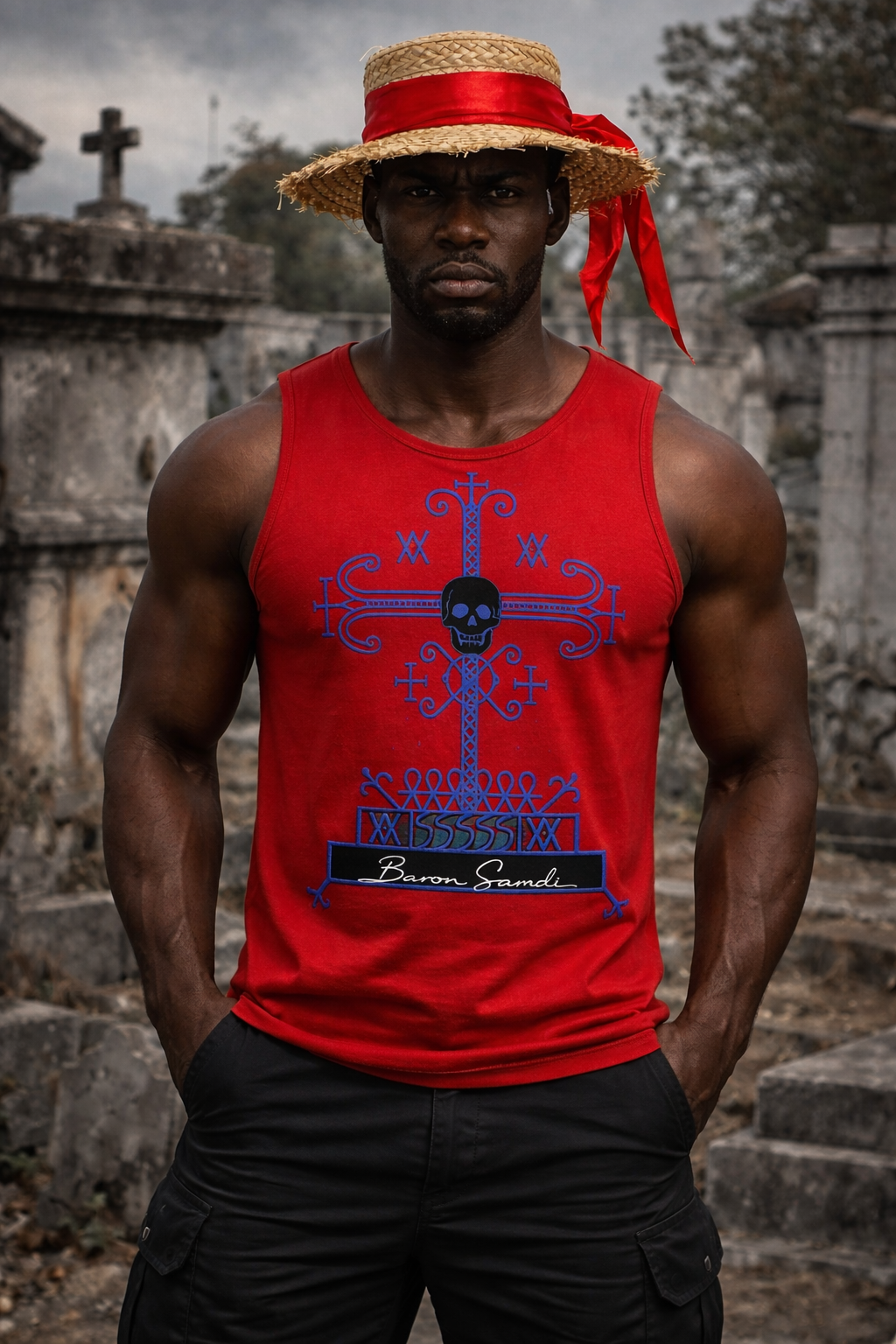 Débardeur Baron Samdi - Croix Crâne Bleu Vodou Rouge
