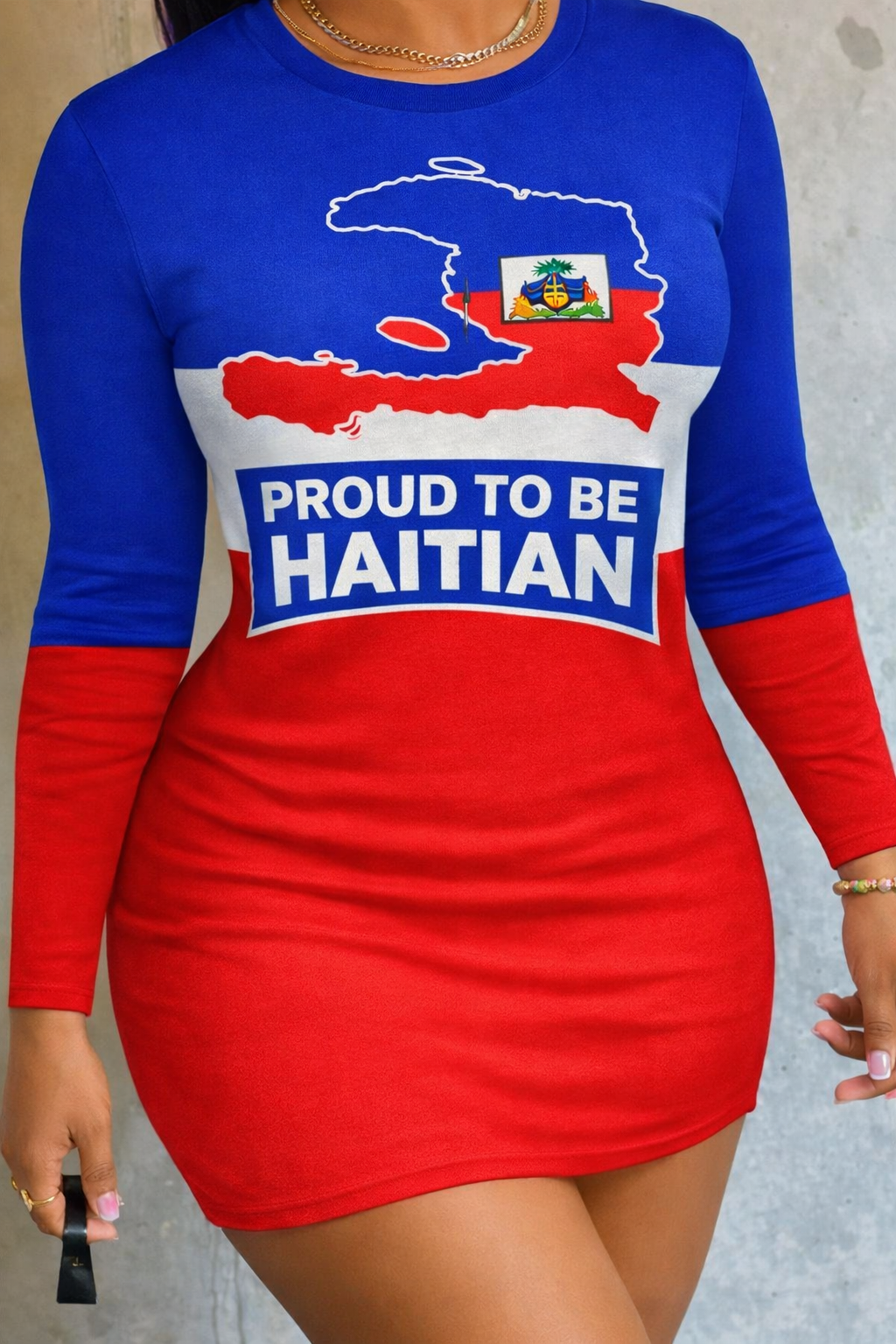 Robe Moulante Proud to be Haitian Manches Longues Bleu et Rouge pour Femme