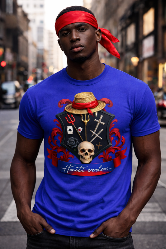 T-Shirt Haiti Vodou - Chapeau Paille Crâne Symboles Mystiques Bleu