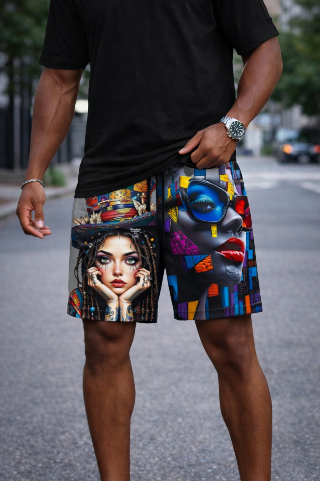 Short Art Urbain – Visages Graffiti Multicolore