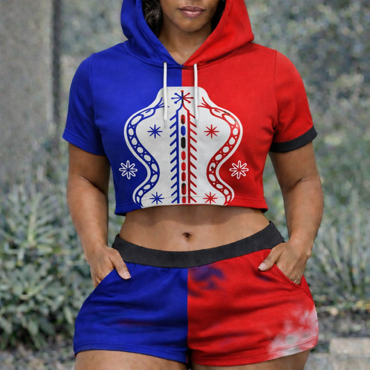 Ensemble Crop Top Hoodie et Short Serpent Vaudou Haïti Bleu et Rouge pour Femme
