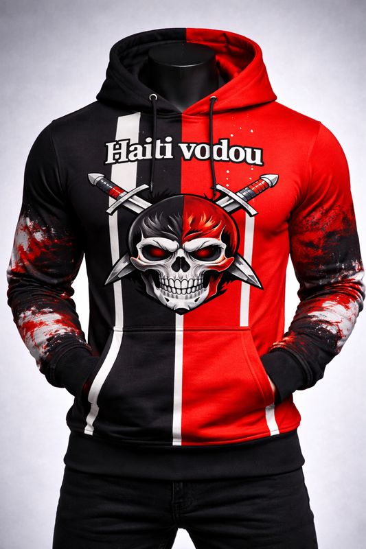 Hoodie Haïti Vodou Crâne & Épées – Noir & Rouge