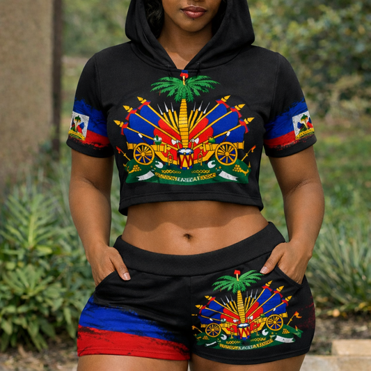 Ensemble Crop Top Hoodie et Short Armoiries Haïti L'Union Fait La Force pour Femme