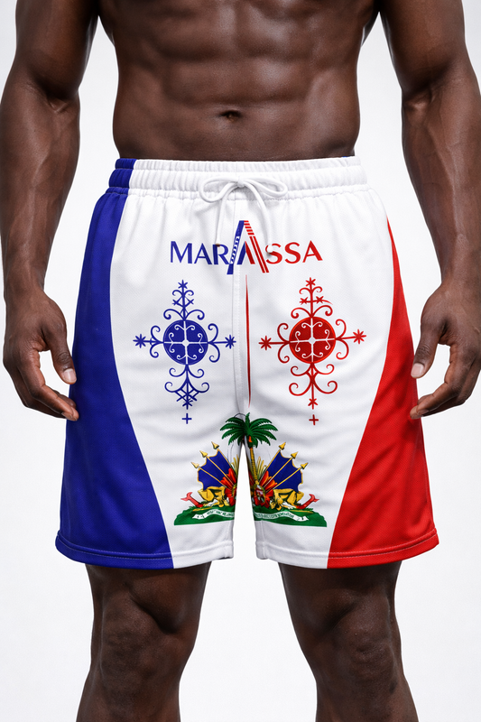 Short Marassa - Vèvè Jumeaux Sacrés Blanc Armoiries Tricolore