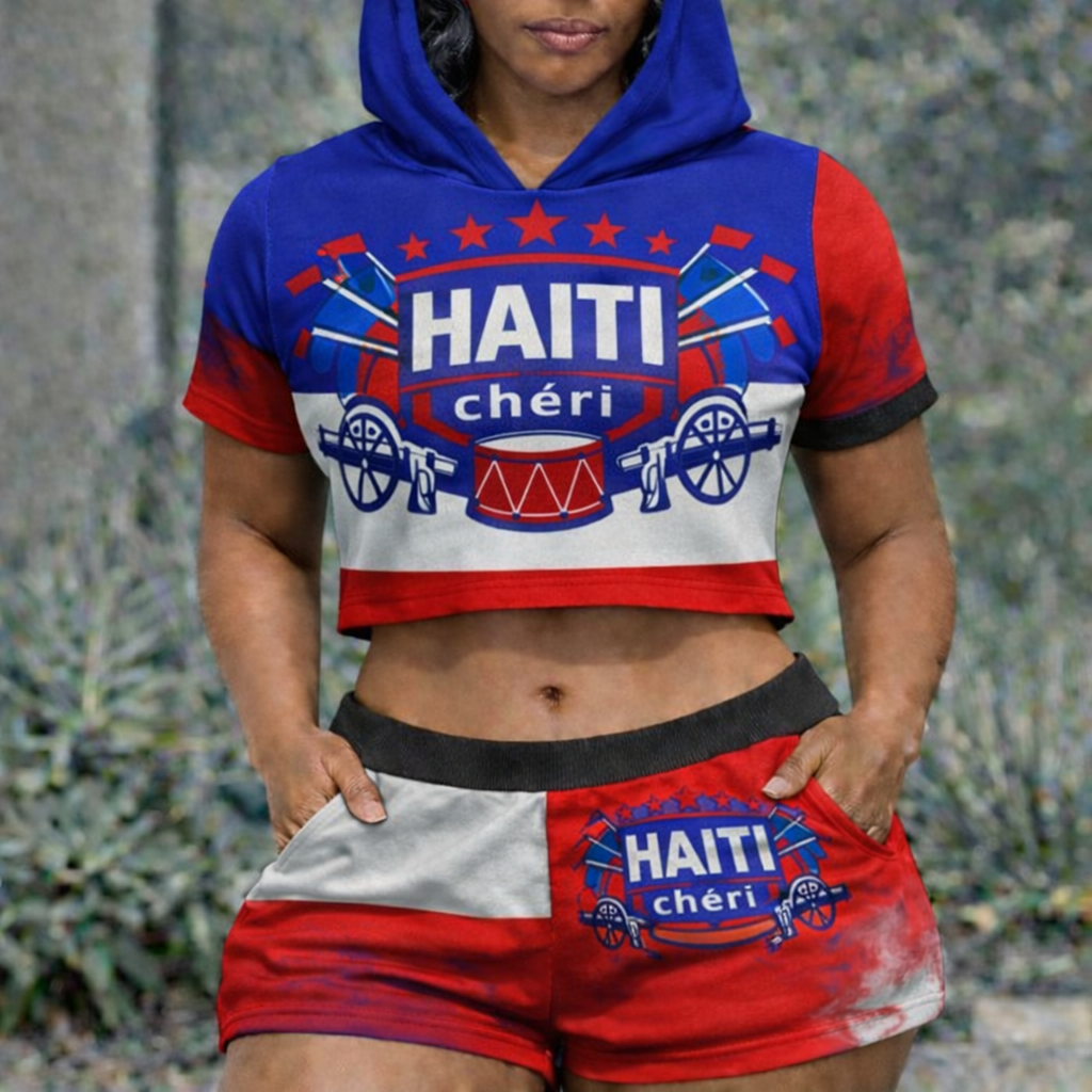 Ensemble Crop Top Hoodie et Short Haiti Chéri Tricolore avec Canons pour Femme
