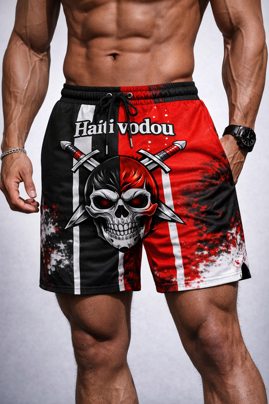 Short Haïti Vodou Crâne & Épées – Noir & Rouge