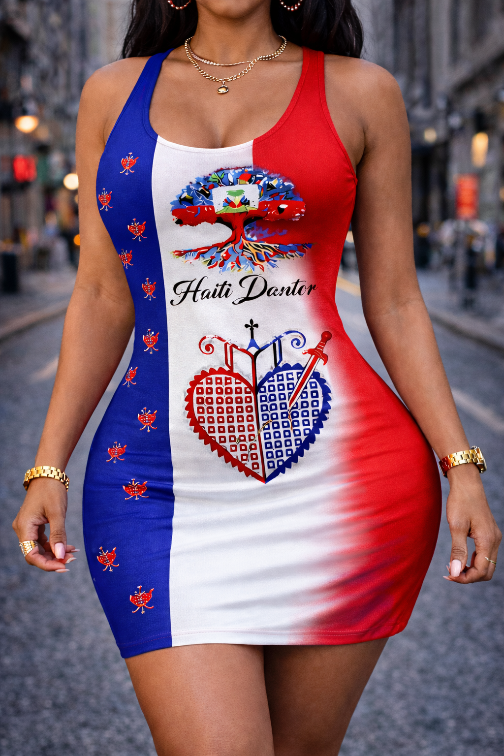 Robe Moulante Haiti Darling Arbre de Vie et Cœur Tricolore pour Femme