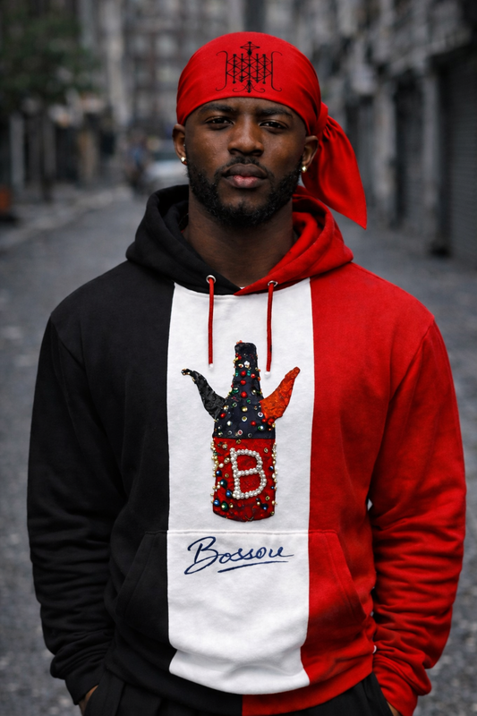 Hoodie Bossou Bouteille Rituelle – Noir, Blanc & Rouge