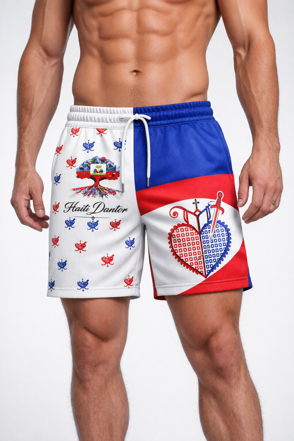 Short Haïti Dantor Cœur Sacré & Armoiries – Blanc, Bleu & Rouge