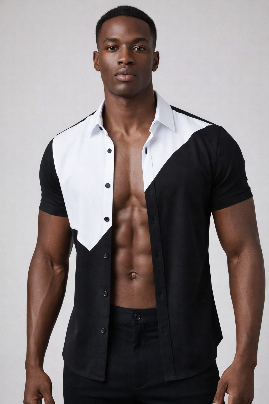 Chemise Bicolore Noir et Blanc – Col V Contrasté