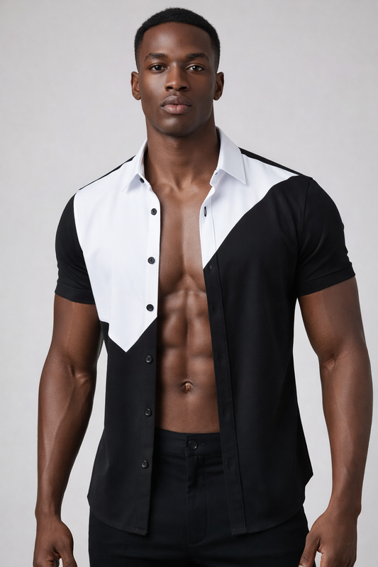 Chemise Bicolore Noir et Blanc – Col V Contrasté