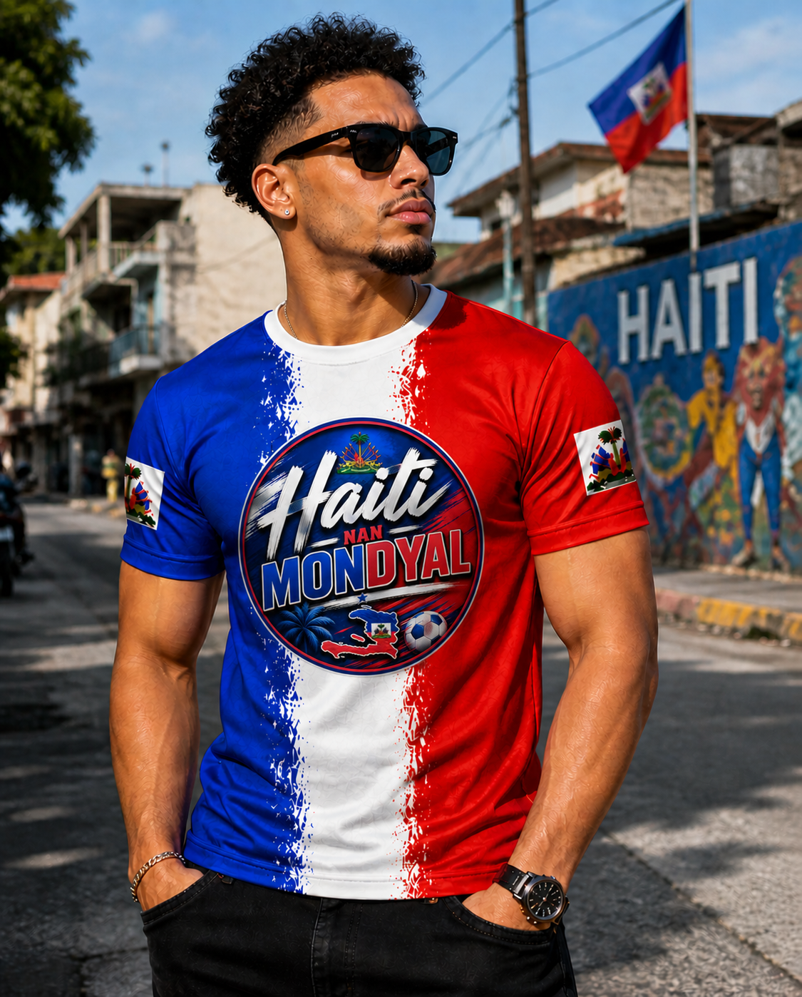 T-Shirt Haiti Nan Mondyal – Bleu, Rouge & Blanc