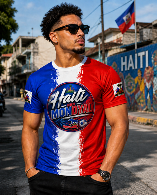 T-Shirt Haiti Nan Mondyal – Bleu, Rouge & Blanc