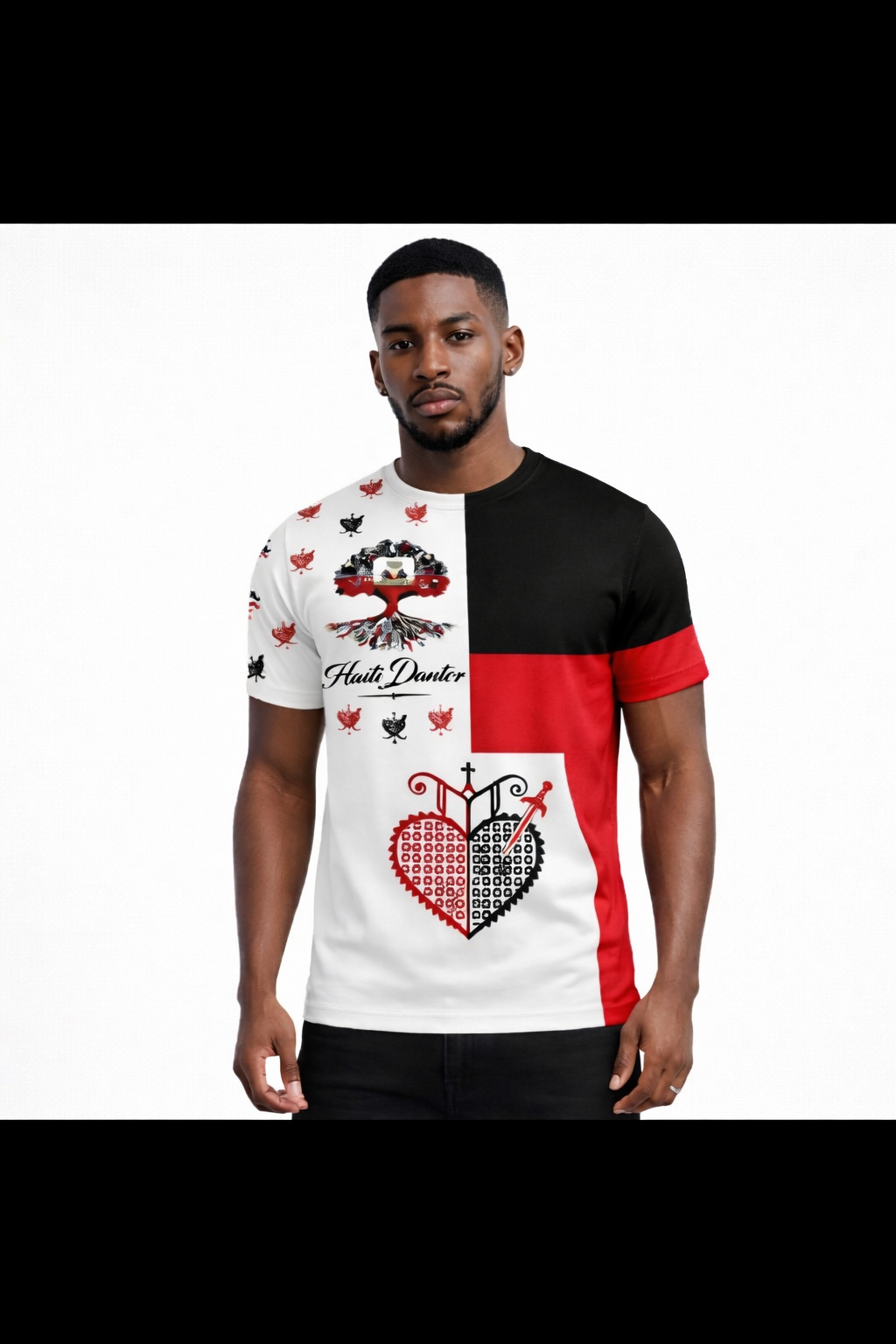 T-Shirt Haïti Dantor Cœur Sacré – Blanc, Noir & Rouge (Homme)