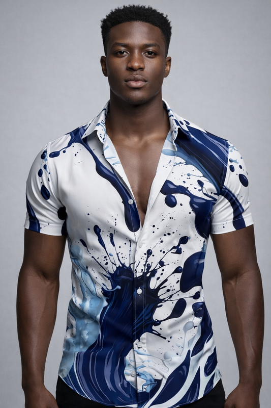 Chemise Blanche – Imprimé Éclaboussures Encre Bleue Marine