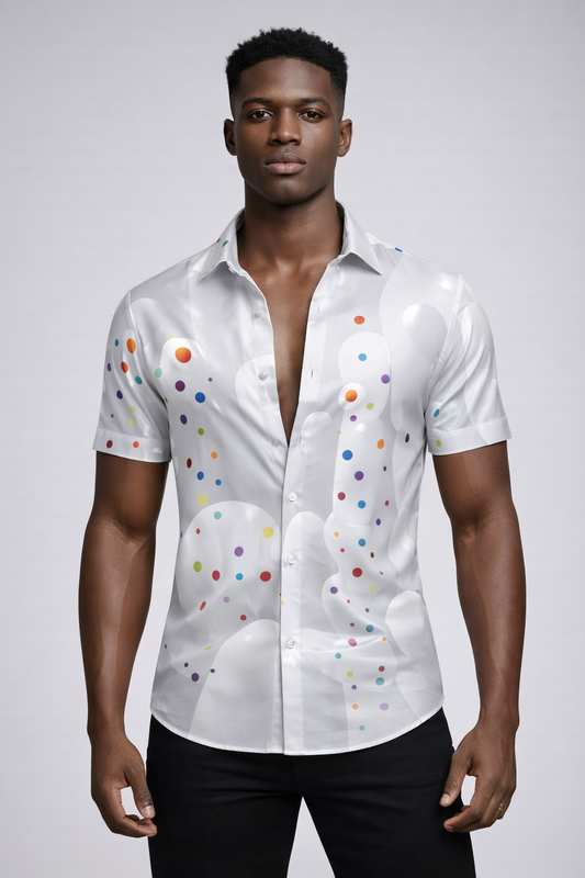 Chemise Blanche Pois Colorés et Nuages