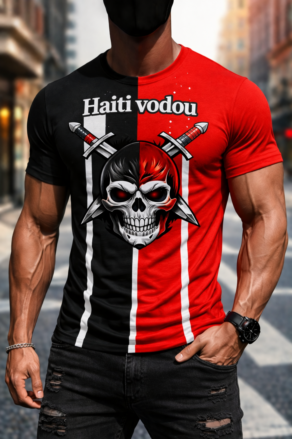 T-Shirt Haïti Vodou Crâne & Épées – Noir & Rouge (Homme)