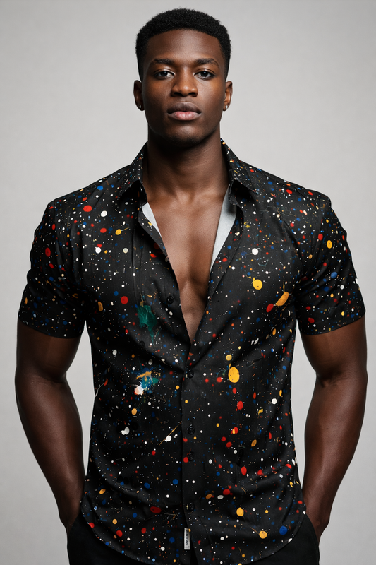 Chemise Noire – Imprimé Éclaboussures Multicolores