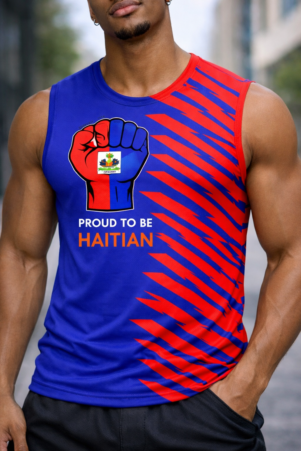 Débardeur Proud to be Haitian - Poing Levé Drapeau Rayures Dynamiques