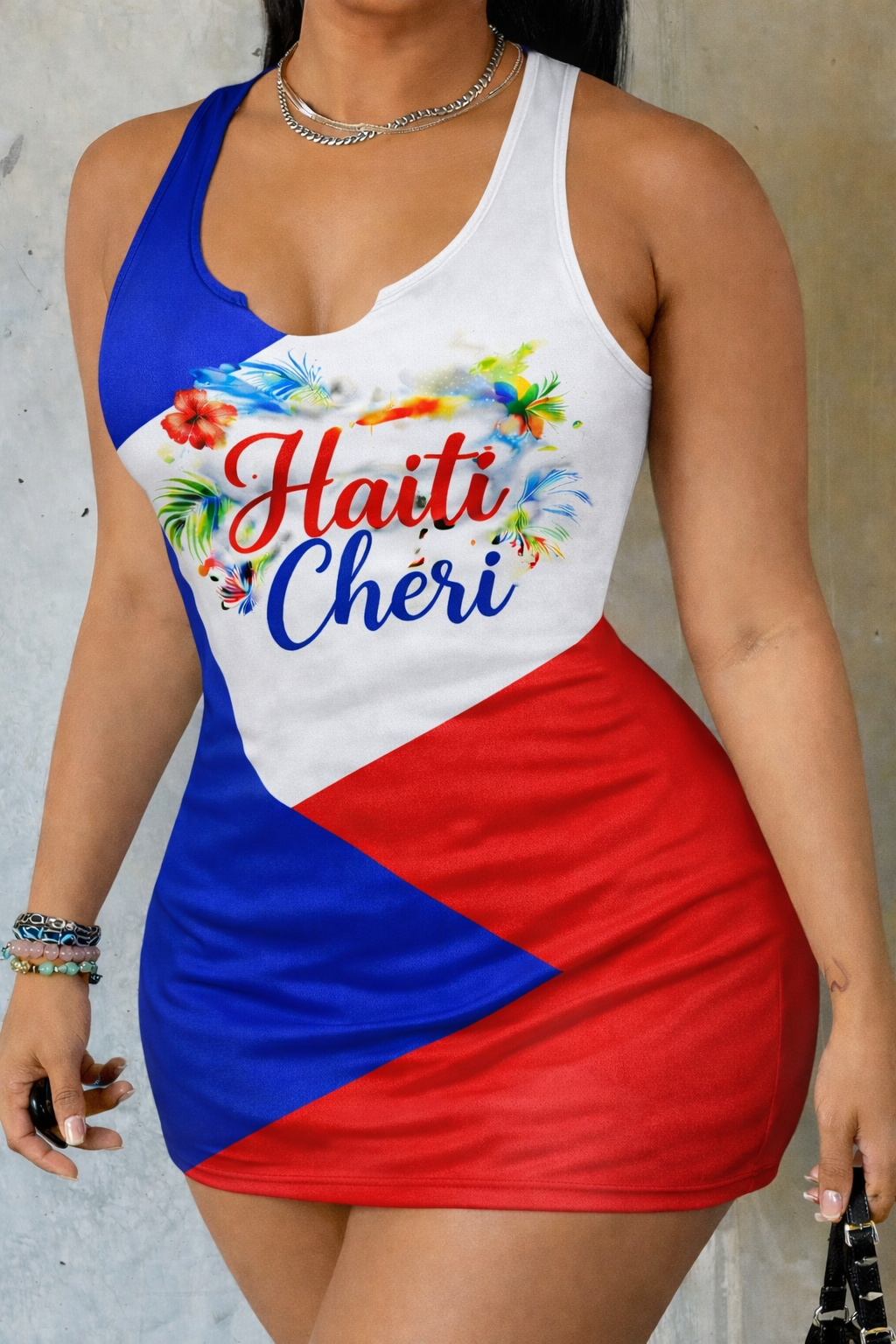Robe Moulante Haiti Chéri Tricolore Floral pour Femme