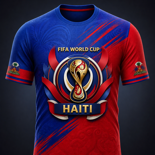 T-Shirt FIFA World Cup Haïti – Trophée Or Bleu & Rouge