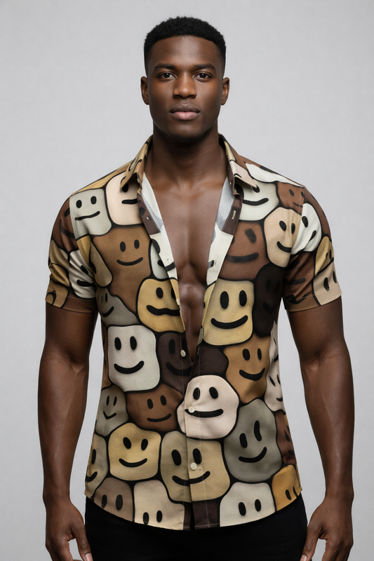 Chemise Smiley Vintage – Imprimé Visages Souriants Ton Terre