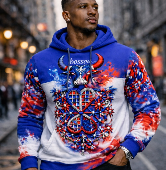 Hoodie Bossou trois cornes Haïti - Édition Vèvè Tricolore Premium
