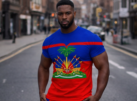 T-Shirt Drapeau Haïtien - Armoiries Nationales Bleu Rouge