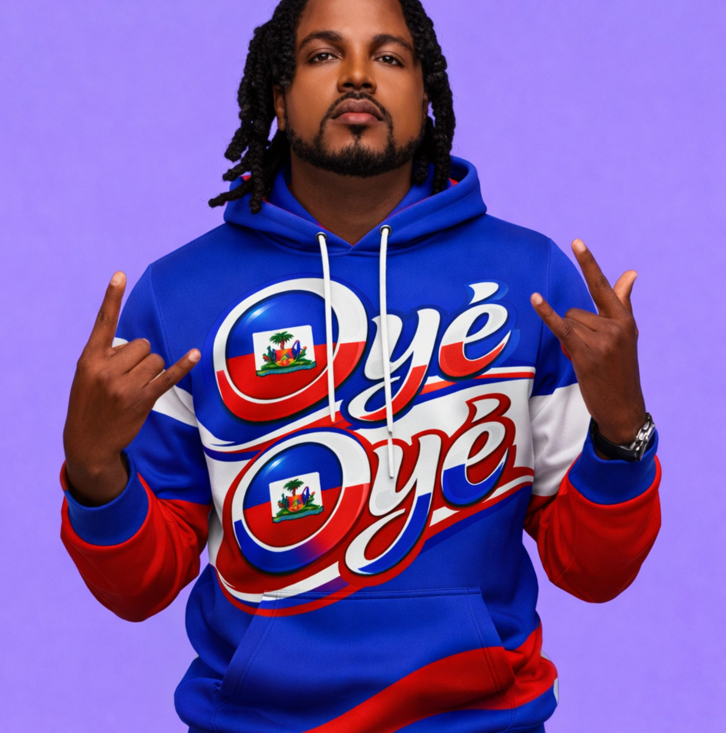 Hoodie oyè oyè Haïti - Édition Tricolore Rouge ,Bleu et blan, avec le plus grand star haitien Comme modele