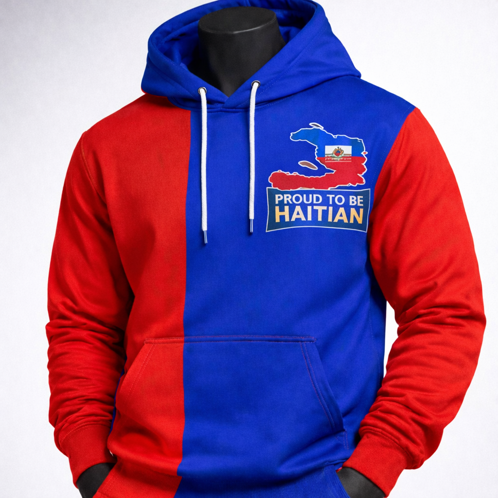Sweat à capuche Fier d'être Haïtien - Bleu et Rouge